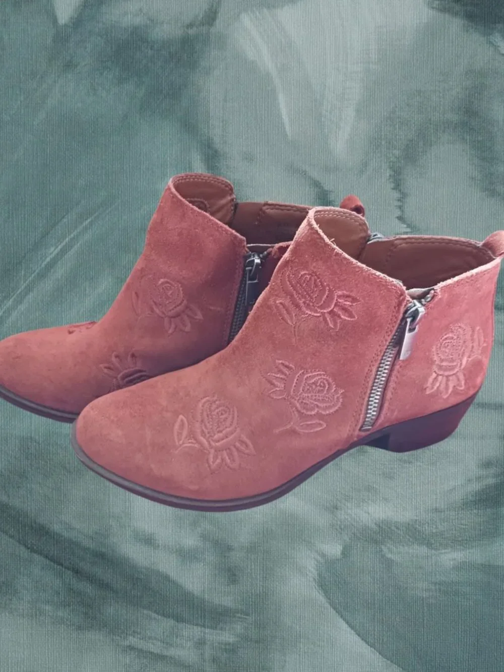 Lucky Brand Suede Ankle Boots W/ Floral Embroidery & Side Zip Terracota Size 6.5
